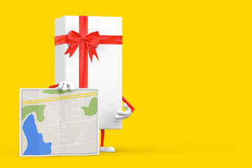 Aufkleber - White Gift Box and Red Ribbon Character Mascot with Abstract Plan Map. 3d Rendering