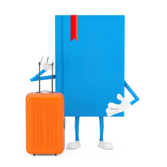 Poster - Blue Book Character Mascot with Orange Travel Suitcase. 3d Rendering