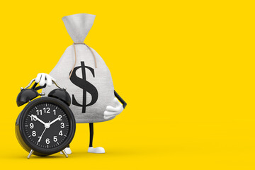 Leinwandbilder - Tied Rustic Canvas Linen Money Sack or Money Bag and Dollar Sign Character Mascot with Alarm Clock. 3d Rendering