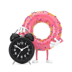 Poster - Big Strawberry Pink Glazed Donut Character Mascot with Alarm Clock. 3d Rendering