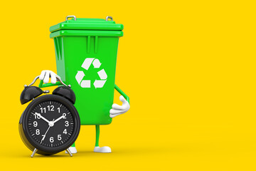 Poster - Recycle Sign Green Garbage Trash Bin Character Mascot with Alarm Clock. 3d Rendering