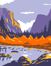 El Capitan Or El Cap During Fall In Yosemite National Park Sierra Nevada Of Central California WPA Poster Art