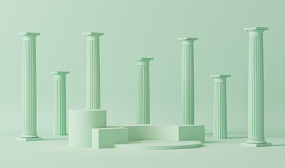 Podium pedestal in ancient Greek style. Minimal scene in pastel blue and green with marble colonnade and classic columns. Trendy 3d render for social media, promotion, cosmetic product show. 
