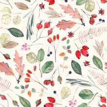 Watercolor Pattern With Leaves, Berries And Seeds. Vintage Seamless Pattern. Cute Background For Fabric, Textile, Wallpaper.