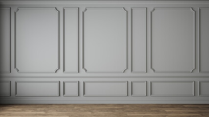 Modern classic gray empty interior with wall panels molding and wooden floor. 3d render illustration mock up.