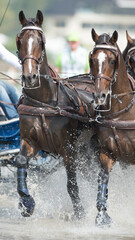 two bay carriage driving horses with white blazes competing in four in hand driving competition going through water obstacle wearing full harness and leg protection vertical format