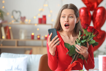 Canvas Print - Young woman video chatting with beloved on Valentine's Day at home