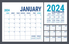 Calendar 2024 Year. English Planner Template. Vector Square Grid. Office Business Planning. Creative Trendy Design. Blue Color