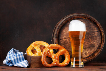 Canvas Print - Lager beer with homemade pretzels