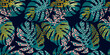 Seamless exotic pattern with tropical leaves, animal prints and hand drawn textures. Vector illustration.