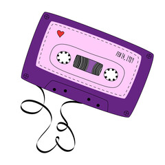 Fototapete - Violet retro tape cassette. Vintage audio mixtape in doodle style isolated on a white background. Vector colored illustration for web banners, advertisements, stickers, labels, t-shirt