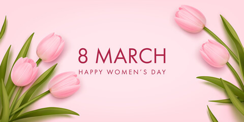 Women's day banner. 8 march holiday background with realistic tulips. Vector illustration for poster, brochures, booklets, promotional materials, website