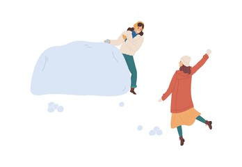 Wall Mural - Woman hiding behind snow fortress or snowdrift while her girlfriend throwing snowball. Two friends having fun and playing winter games. Colored flat vector illustration isolated on white background