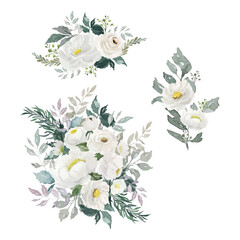 Watercolor white flower bouquet illustration artwork set