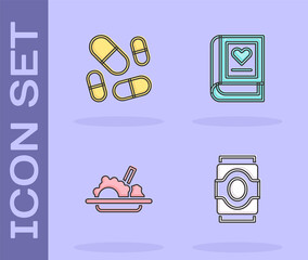 Sticker - Set Soda can, Vitamin pill, Healthy food and Medical book icon. Vector.