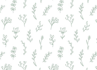 Wall Mural - Floral seamless pattern with wild flowers, herbs, branchs. Vector hand drawn garden print. Botany repeat background in doodle style. Vintage outline design.