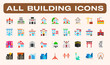 All type of Buildings, Architecture Examples Vector Illustration Icons Set. Residential Buildings, Skyscrapers, Famous Landmarks, Mosque, Church, School, Hospital, Urban Isolated Symbols Collection