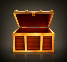 Treasure Chest, Empty Wooden Box, Open Casket With Golden Details And Keyhole. Old Trunk For Gold Or Jewelry, Pc Game Item, Design Element Isolated On Black Background Realistic 3d Vector Illustration
