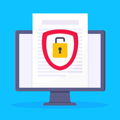 Wall Mural - Privacy policy, safety lock and data protection metaphor. Shield with padlock on the computer monitor screen with personal data security protection symbol flat style design vector illustration.
