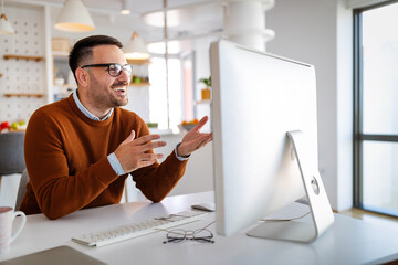 Confident businessman team leader lead group videoconference meeting. Home office concept