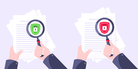 Wall Mural - Privacy policy, safety lock and data protection metaphor set. Hand hold magnifier shield with padlock on the paper with personal data security protection symbol flat style design vector illustration.