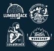 Set of carpentry logos with jointer, axe and saw for timber or wood industry. Professional lumberjack. Lumber work for joiner craft studio