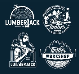 Wall Mural - Set of carpentry logos with jointer, axe and saw for timber or wood industry. Professional lumberjack. Lumber work for joiner craft studio