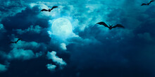 Bats Flying In Halloween Night, Bat And Moon