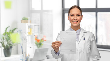 Canvas Print - medicine, profession and healthcare concept - happy smiling female doctor in white coat holding prescription blank over medical office at hospital on background