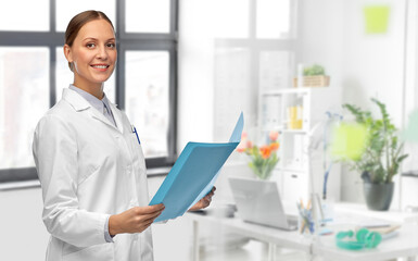 Canvas Print - medicine, science and healthcare concept - happy smiling female doctor in white coat with folder over medical office at hospital on background