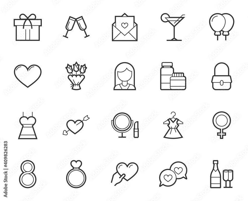 International woman’s day line icon set. Collection of holidays signs for web design and mobile app. Womens day symbol. Flower, gift, dress, postcard, heart, cocktail icon on white background - obrazy, fototapety, plakaty 