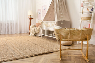 Poster - baby room interior with toys and stylish furniture