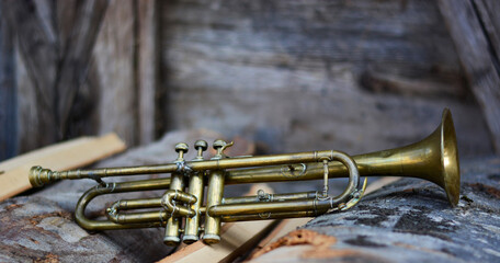 Poster - an ancient trumpet on a pile of wood on an old ranch