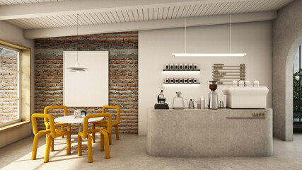 Cafe shop design Minimalist 
 Loft,Counter concrete,Shelf on white wall,Waiting area white table yellow chair,Frame mockup on brick wall,Concrete floors -3D render