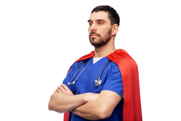 Sticker - healthcare, profession and medicine concept - doctor or male nurse in blue uniform and red superhero cape with stethoscope over white background