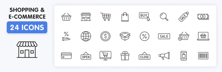 Wall Mural - set of 24 e-commerce and shopping web icons in line style. mobile shop, digital marketing, bank card