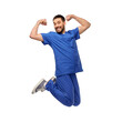 healthcare, profession and medicine concept - happy smiling doctor or male nurse in blue uniform jumping in air over white background