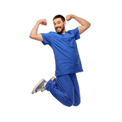 Poster - healthcare, profession and medicine concept - happy smiling doctor or male nurse in blue uniform jumping in air over white background