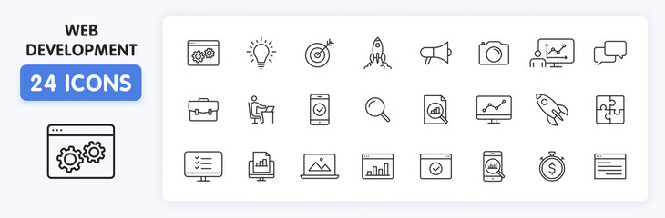 Wall Mural - Set of 24 Web development web icons in line style. Marketing, analytics, e-commerce, digital, management, seo. Vector illustration.