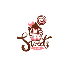 Wall Mural - sweets shop logo with cupcake vector image and calligraphy composition