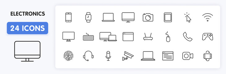 Wall Mural - set of 24 electronics and devices web icons in line style. device, phone, laptop, communication, sma