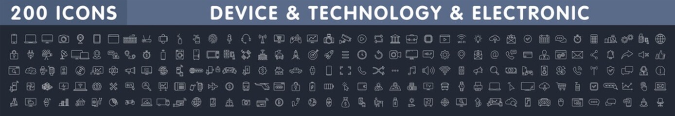 Wall Mural - big set of 200 technology and electronics and devices web icons in line style. device, phone, laptop