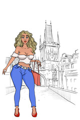 Wall Mural - Girl tourist with a bag in Prague. Lesser Town Bridge Towers on Charles Bridge on the background.