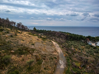 Aerial view over western Alonnisos island and the rock formation. Natural landscape, beautiful Greek scenery, spectacular view in Sporades, Aegean sea, Greece