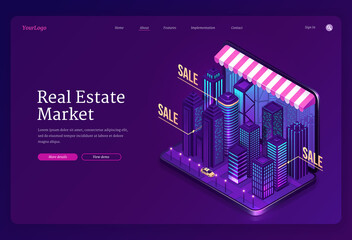 Real estate market banner. Online service for search house and apartments for sale or rent. Vector landing page with isometric city buildings and skyscrapers on laptop screen