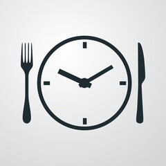 Poster - Hora de comer. Logotipo con reloj y tenedor y cuchillo en fondo gris