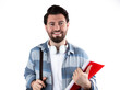 © eda - Casual wear content young man posing with backpack and textbook. Student and education concept, isolated on white background.