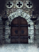 Old Wooden Medieval Door To A Castle With Lanterns Holding Fire. 3D Render.