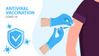 © FineVector - Coronavirus vaccination. Covid-19 prevention. Hands making an injection. Safety measure during coronavirus. Vector illustration.