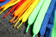 Colorful Shoelaces On Grey Background, Closeup. Stylish Accessory